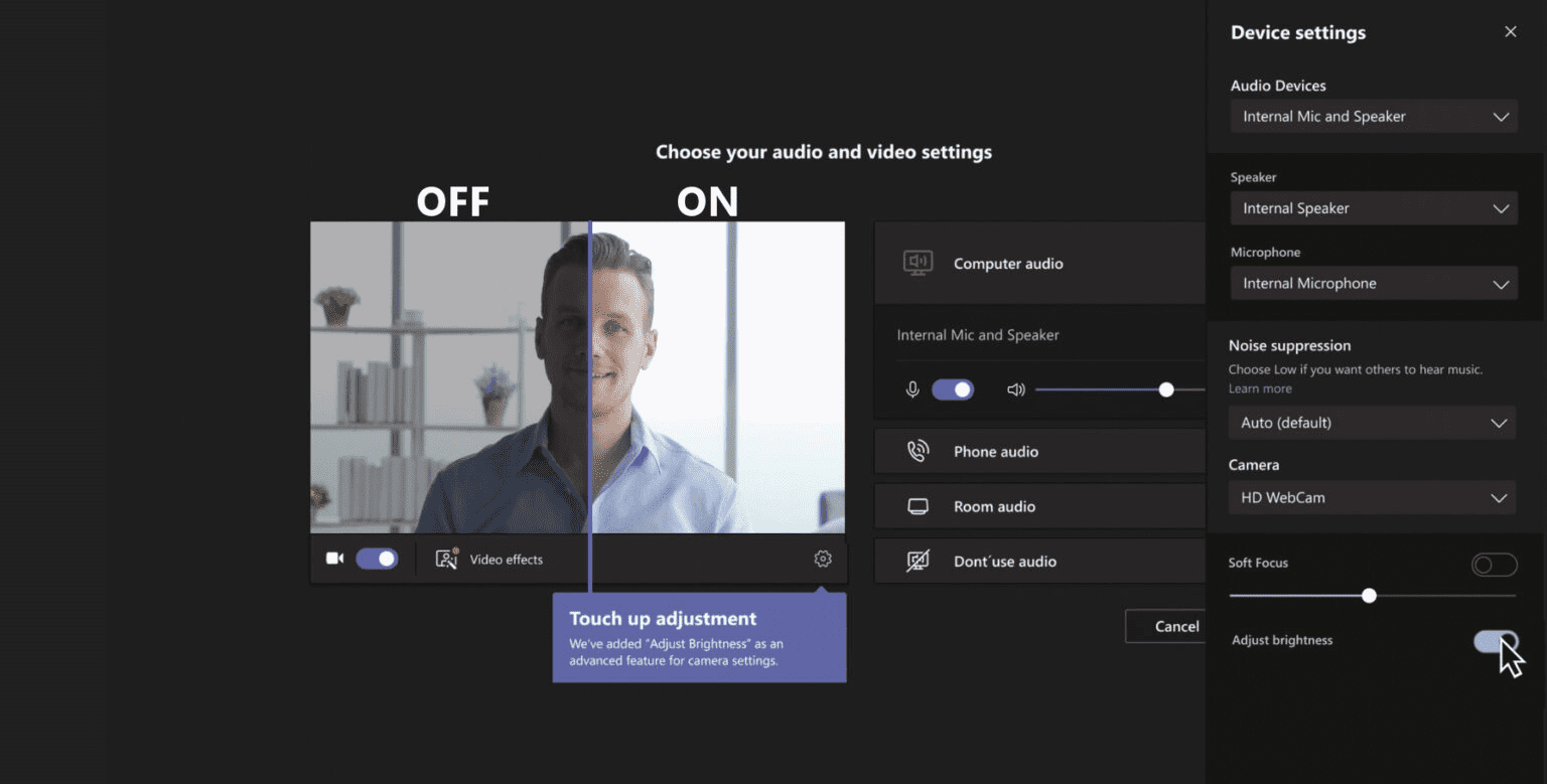 Teams Brightness and focus filters that put you in the best light