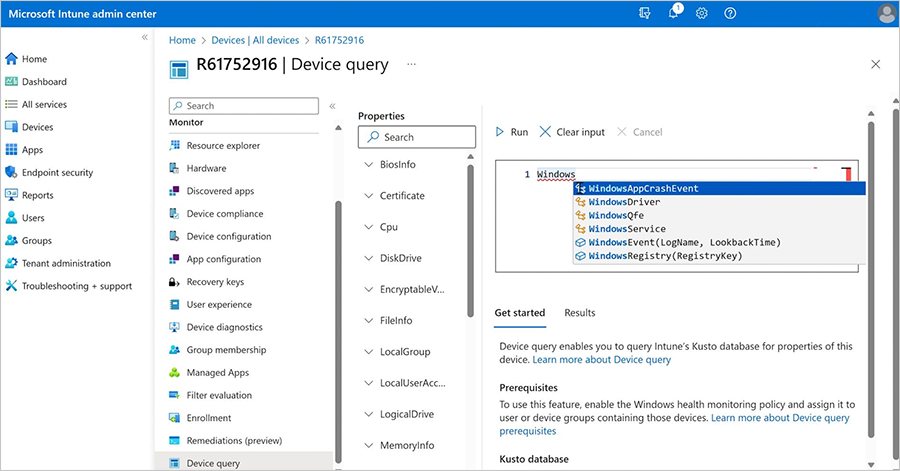 thumbnail image 4 captioned Hints help admins construct queries in the Device query tab.